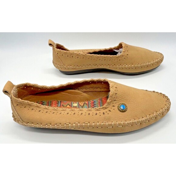 HUSH PUPPIES 57919 Suede Slip-On Moccasin Flats~Aztec Southwest~Tan~Women Sz 6W - Picture 2 of 10